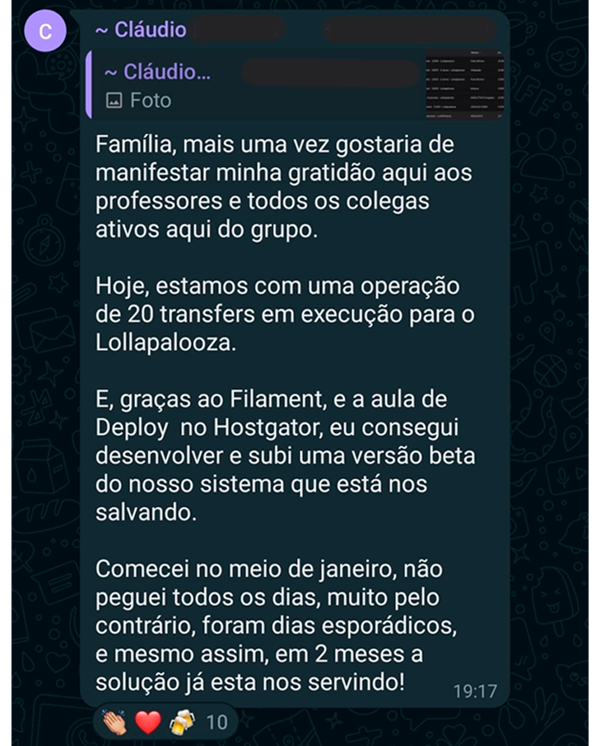 Depoimento de aluno enviado